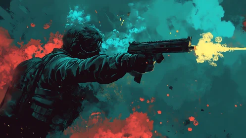 Lone tactical shooter fires into a vivid abstract battlefield