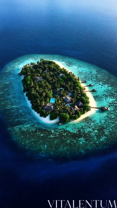 Tropical island atoll surrounded by turquoise coral reef waters