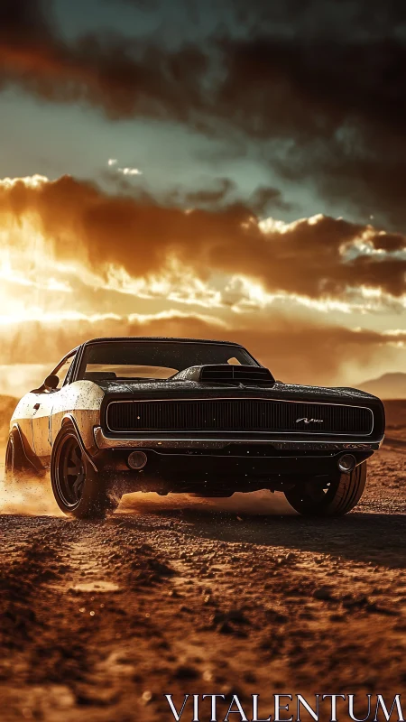 Classic muscle car on desert track under sunset sky.