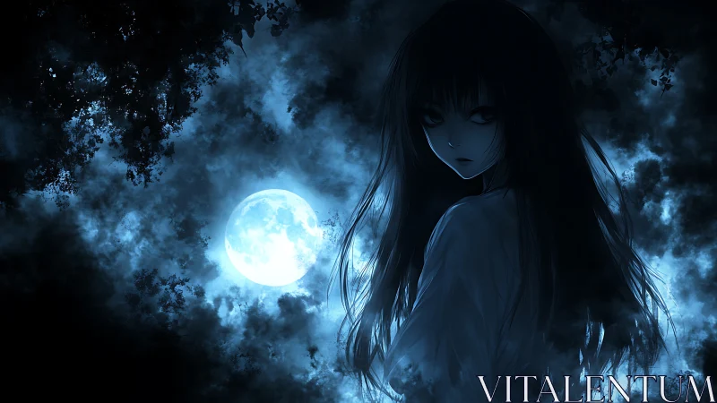 Eerie long-haired girl stands under bright blue full moon
