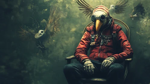 Masked seated figure is surrounded by flying masked birds