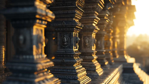 Stone columns with carved faces in warm directional light.