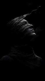 Shrouded profile with flowing blindfold in deep shadow.