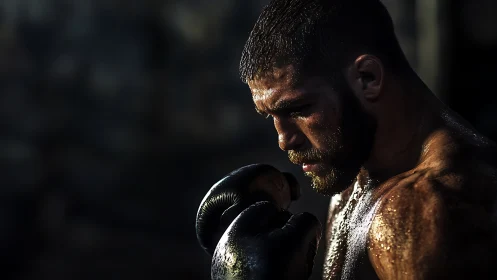 Boxer in Focused Stance Amid Sweat and Determination.