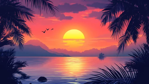 Sun sets over tropical bay framed by silhouetted palm trees