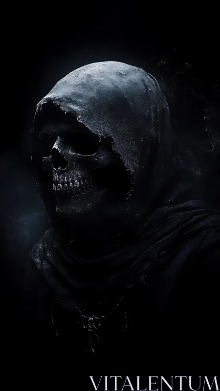 Hooded skeletal figure rendered in high-contrast digital chiaroscuro