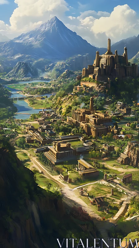 Sunlit fantasy citadel overlooking lush river valley.