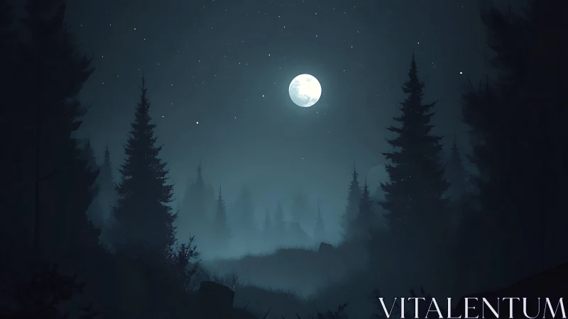 Moonlit Forest with Glowing Moon Over Misty Pine Trees