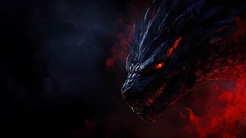 Fiery dragon profile glows against deep stormy darkness