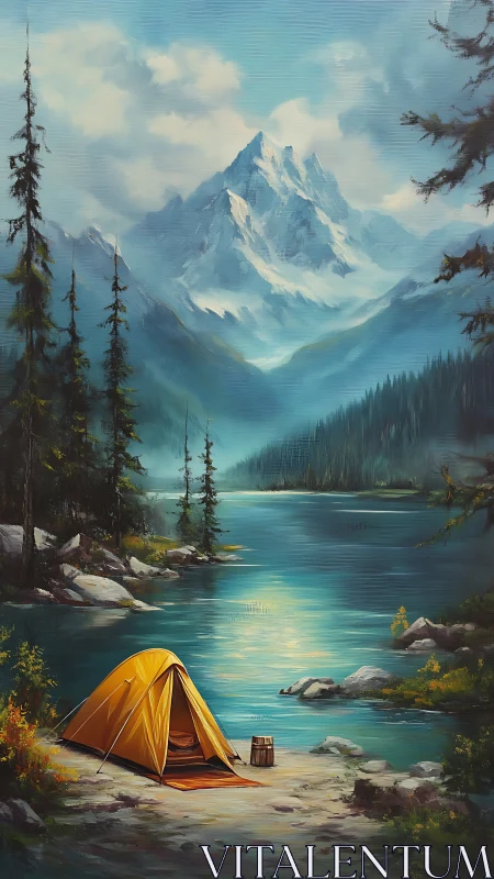 Golden lakeside tent welcomes quiet rest beneath snowy peaks