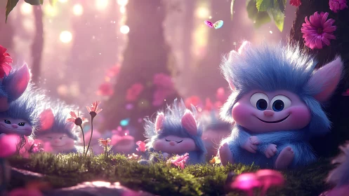 Blue fluffy forest creatures relax in glowing pink woods.