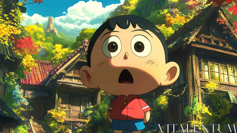 Wide eyed village wanderer in lush autumn forest wonderland.