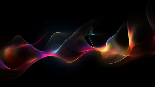 Multicolored luminous waveforms traverse a black background