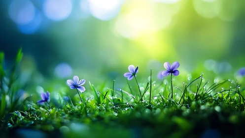 Purple Wildflowers Blooming Among Morning Dew.