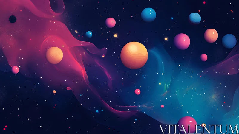 Digital painting of abstract nebulae and luminous spheres in space.