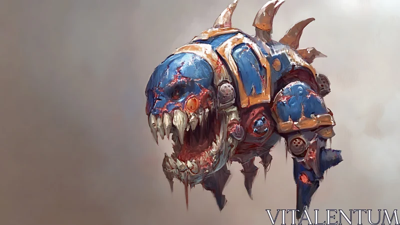 Cybernetic demon fish roars through fogged wasteland sky.