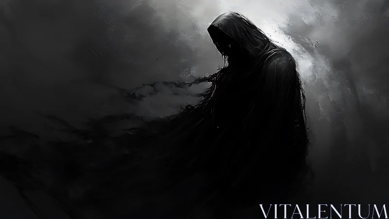 Hooded wraith dissolving into storm-lit digital shadow.