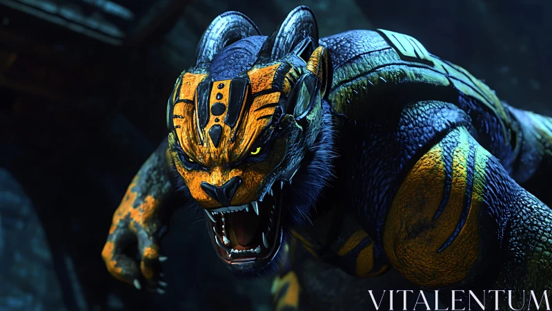 Armored alien tiger creature roaring in a dark cavern.