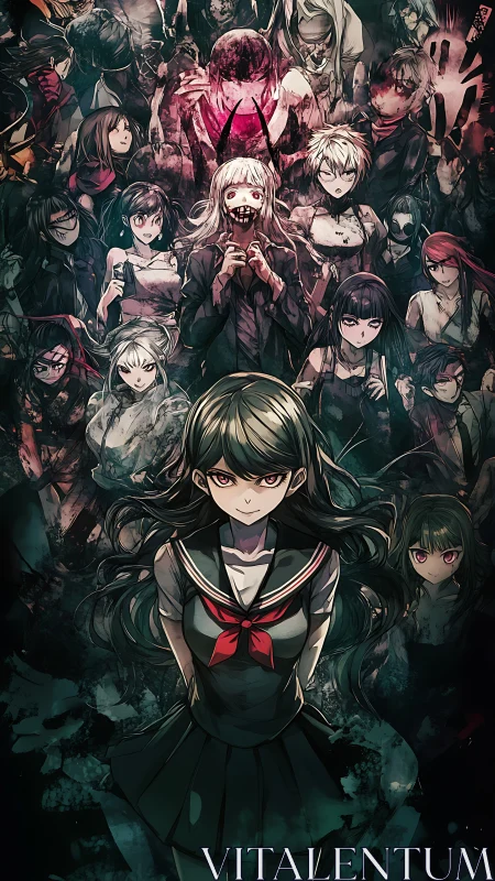 Defiant schoolgirl stands before ominous villain crowd