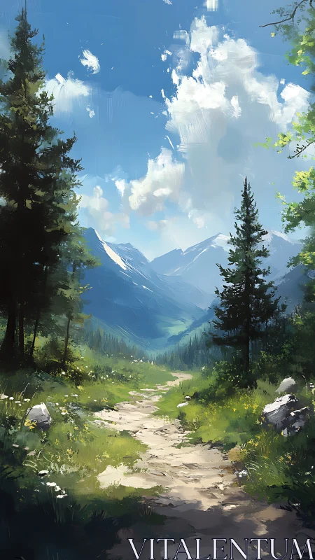 Alpine valley landscape with coniferous forest framing and cumulus sky formation