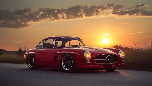 Classic red coupe glows against a serene country sunset.