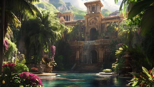 Lush tropical courtyard with classical stone palace.