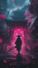 Solitary ronin entering neon temple under falling petals.