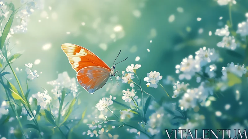 Orange butterfly rests on white wildflowers in soft focus field