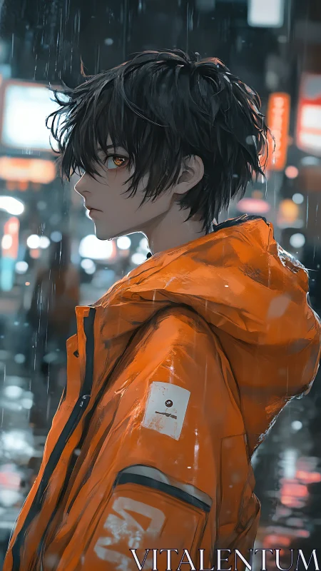 Young figure in orange jacket stands in rainy city street