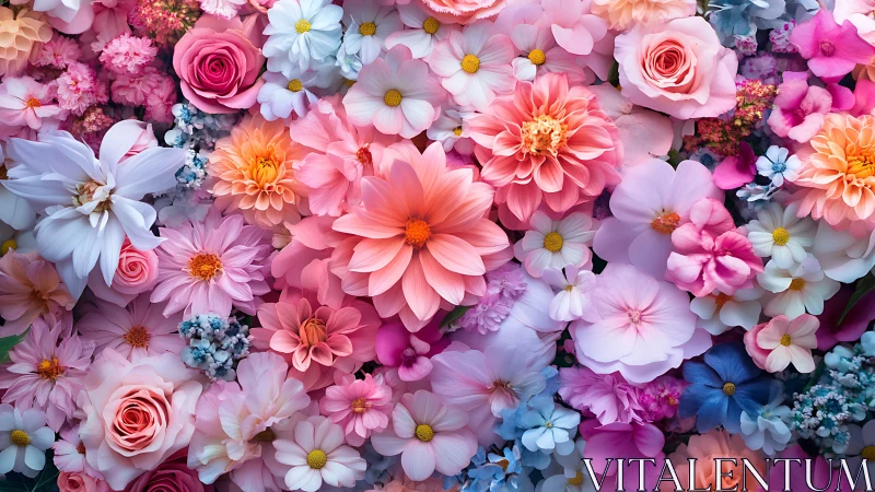 Layered Floral Composition: Pink and Coral Blooms with White Daisy Accents.