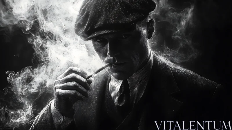 Smoldering gangster portrait in dramatic noir smoke.