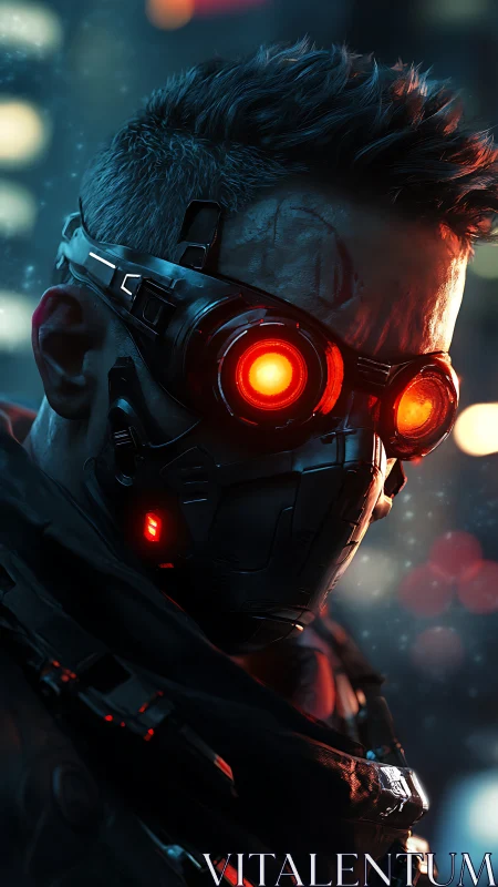 Cybernetic operative portrait with neon ocular augmentations.