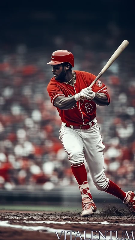 Baseball batter in red uniform swings with focused intensity