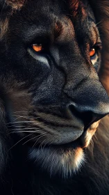 Warm amber-eyed lion in thoughtful close-up portrait.