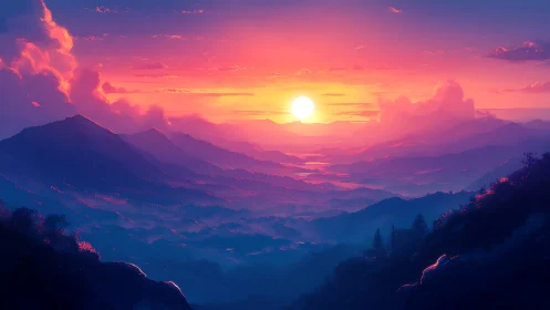 Layered mountain landscape under vivid digital sunset.