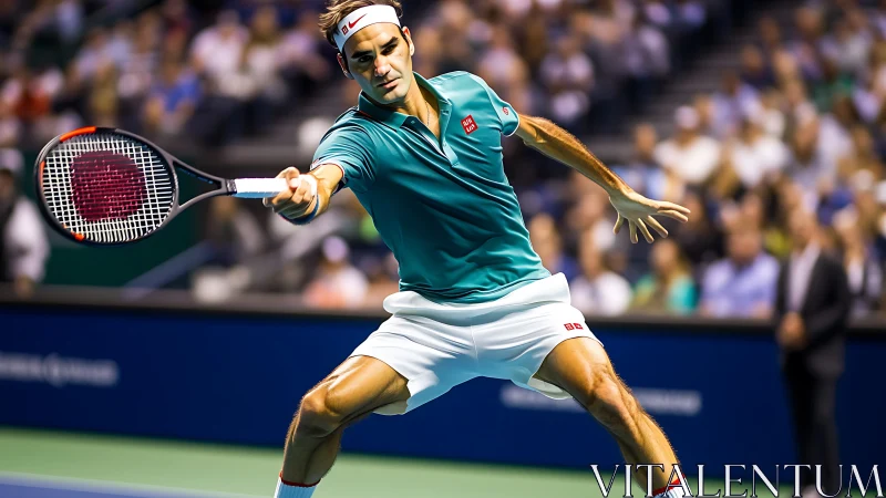 Focused tennis player reaching for a powerful forehand shot.