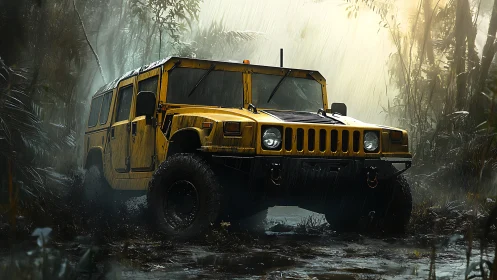 Yellow off-road SUV crossing muddy jungle trail.