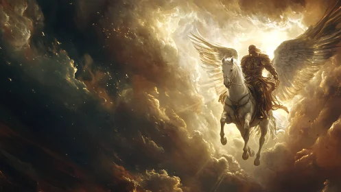 Winged paladin on radiant warhorse cleaving stormlit heavens.