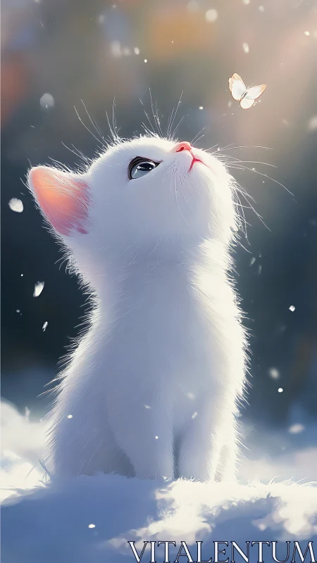 White Cat Gazing at Butterfly in Snowy Clouds