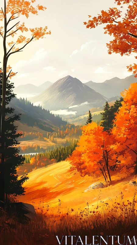 Autumn mountain valley glows under soft golden morning light.