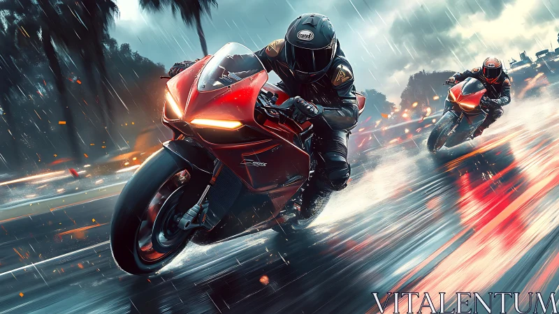 Motorcyclists on red sport bikes racing on wet city road.