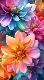 Luminous Multi-Colored Flowers Digital Artwork.