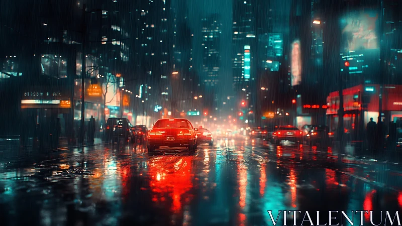 Rainy city street shows cars reflecting neon lights at night