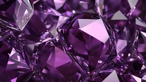 3D-rendered amethyst gemstones in dense faceted cluster.