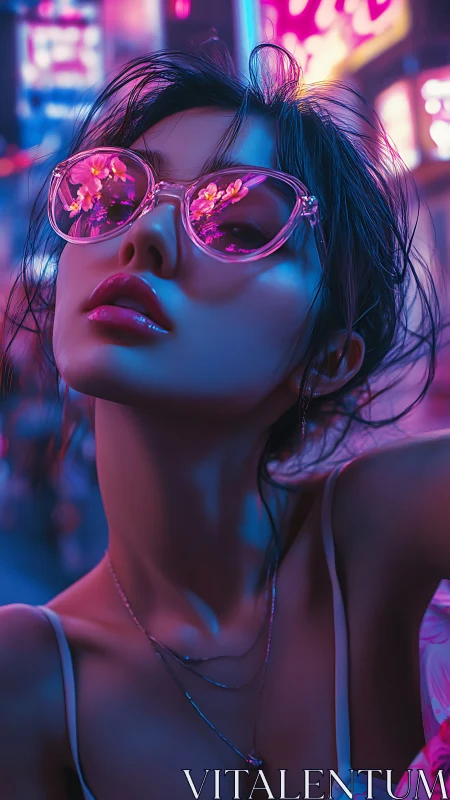 Neon city portrait of woman in reflective pink sunglasses.