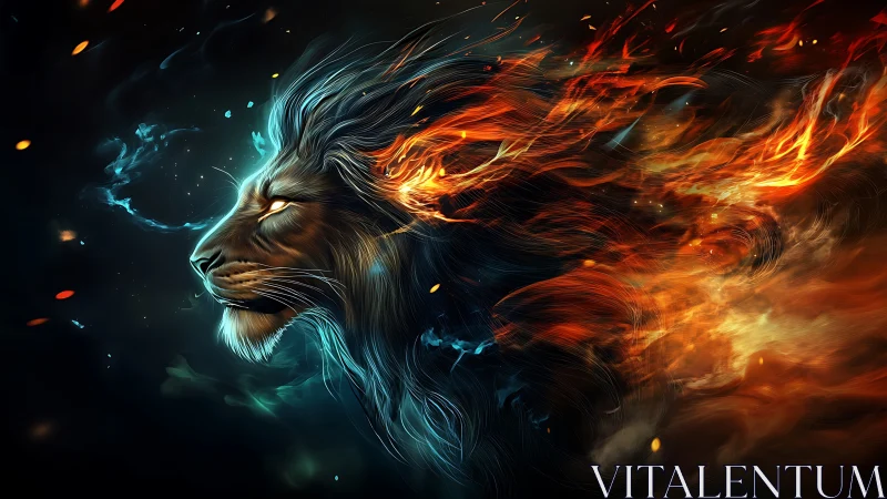 Elemental lion head blazes with swirling fire and energy.