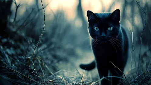Black Cat with Piercing Blue Eyes in Misty Forest.