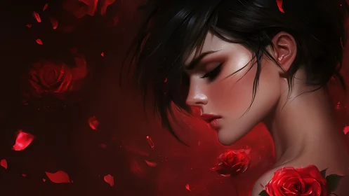 Velvet rose tempest circling a moonlit porcelain profile.