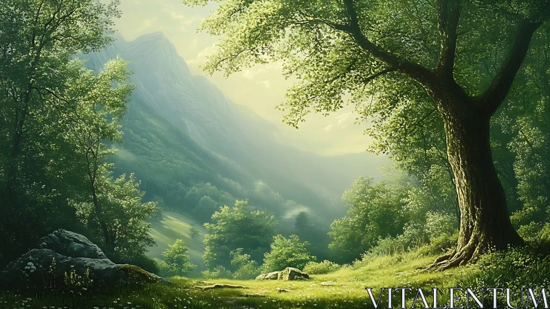 Alpine Valley Vista with Verdant Deciduous Canopy and Distant Peak