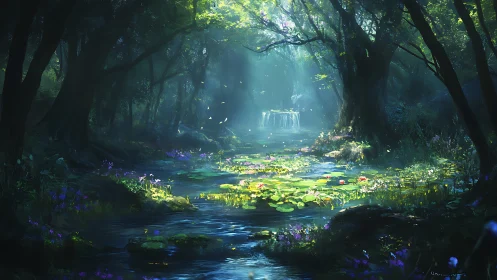 Enchanted Forest Glade with Waterfall and Luminous Flowers.